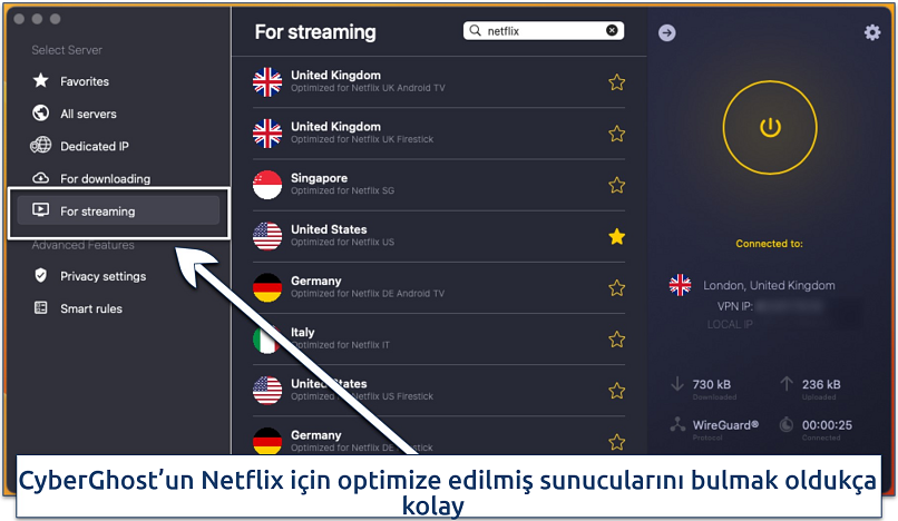 Screenshot of CyberGhost's list of servers optimized for streaming Netflix