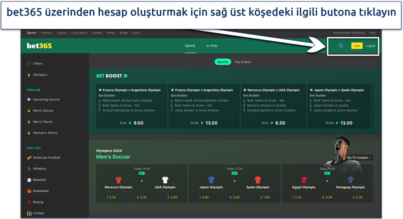 Screenshot of the bet365 platform home page