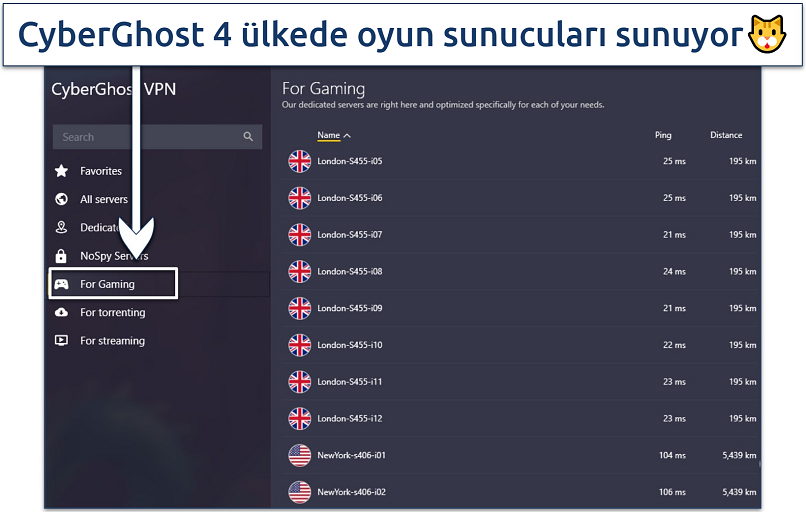 Screenshot showing a list of CyberGhost's gaming-optimized servers
