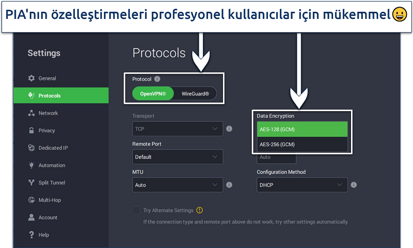 Screenshot showing how to customize your VPN connection with PIA