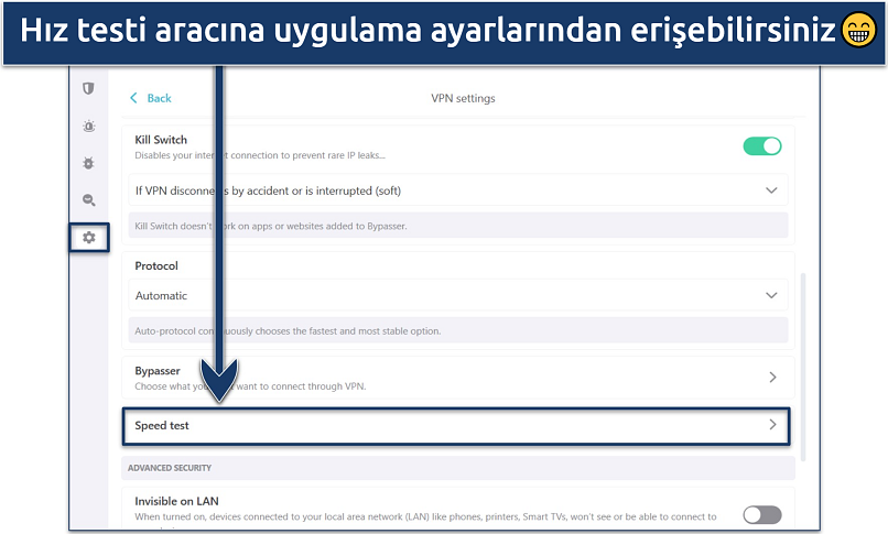 Screenshot showing how to access Surfshark's speed test tool