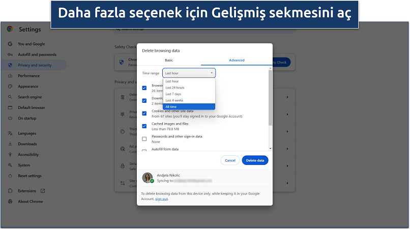 Chrome'da tarih silme seçeneklerinin ekran görüntüsü