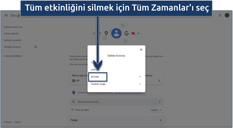 Google Aktivitelerim silme seçeneklerinin ekran görüntüsü