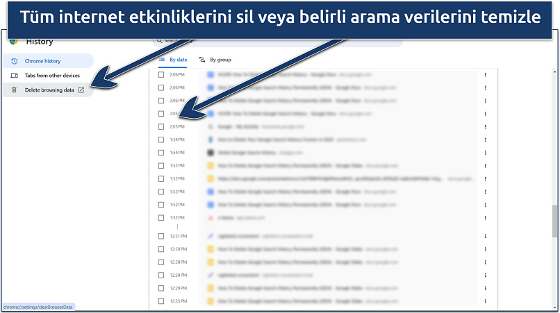 Google Chrome'da gezinme geçmişinin ekran görüntüsü