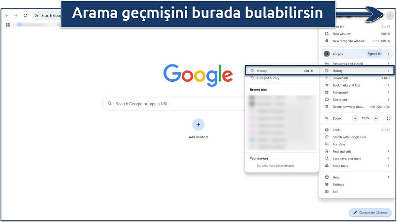 Google Chrome ayarlarının ekran görüntüsü