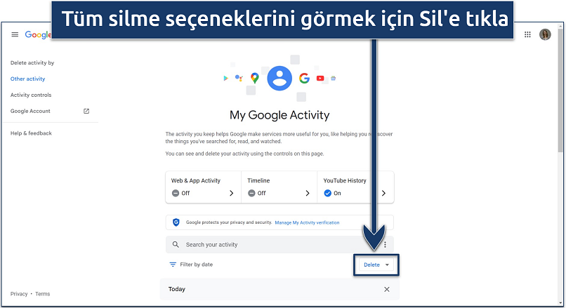 Google Aktivitelerim ana sayfasının ekran görüntüsü