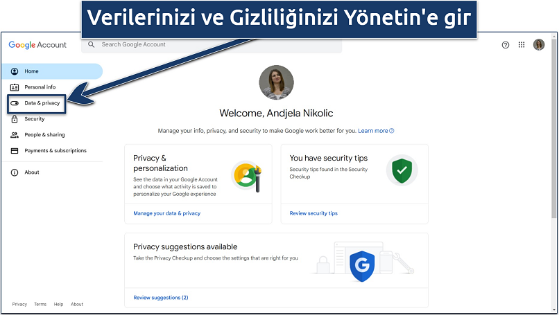 Google Hesabınızdaki veri ve gizlilik ayarlarına nasıl erişileceğine dair ekran görüntüsü