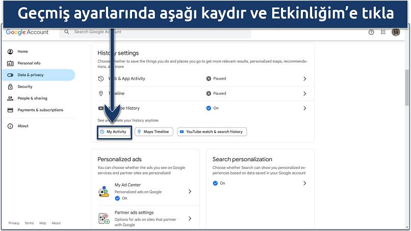 Google Hesabınız içindeki geçmiş ayarlarını nasıl bulacağınıza dair ekran görüntüsü