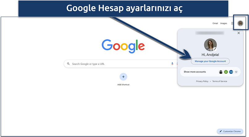 Google Hesap ayarlarına nasıl gidileceği ekran görüntüsü