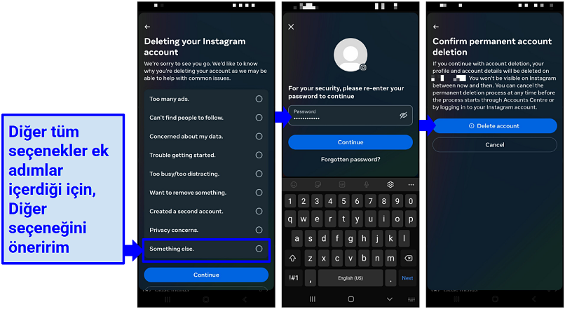 Instagram hesabınızı silme nedeninizi seçme