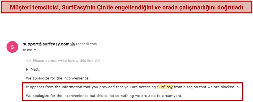 Screenshot of an email from SurfEasy staff confirming the VPN doesn't work in China