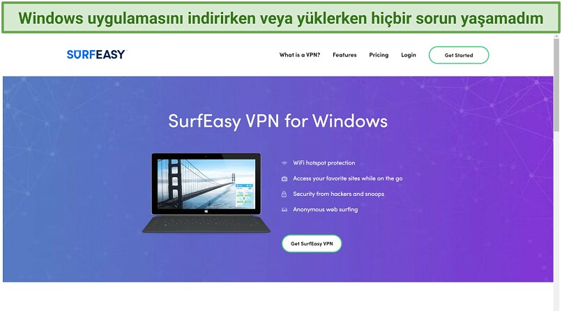 Screenshot of SurfEasy's Windows download page from its website