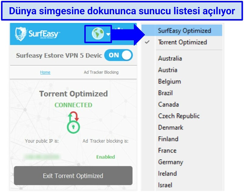 Screenshot of SurfEasy's Windows app highlighting the server network list