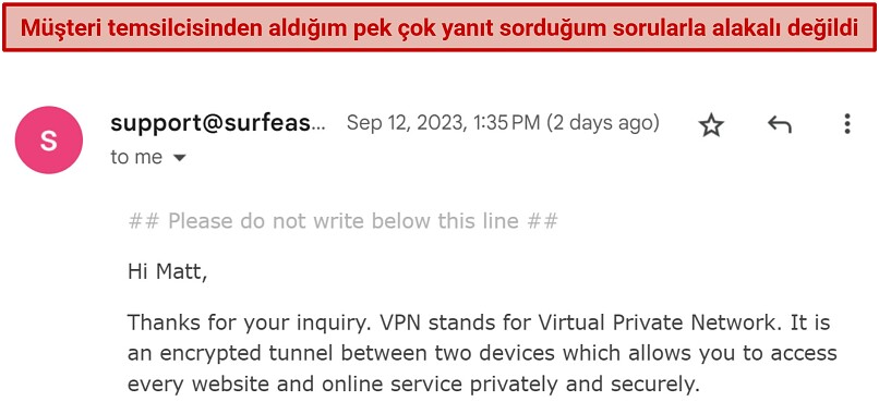 Screenshot of an email from SurfEasy support that did not answer my question