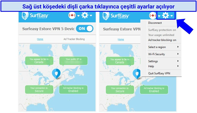 Screenshot of SurfEasy VPN's Windows app highlighting how to access the settings menu