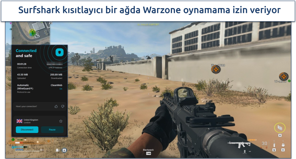 Screenshot of Warzone gameplay with surfshark connected