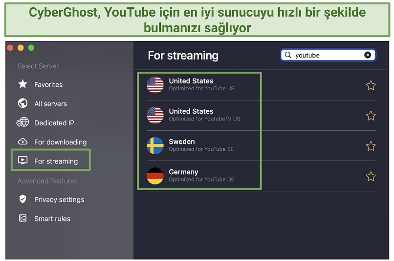 A screenshot of CyberGhost optimized servers for streaming
