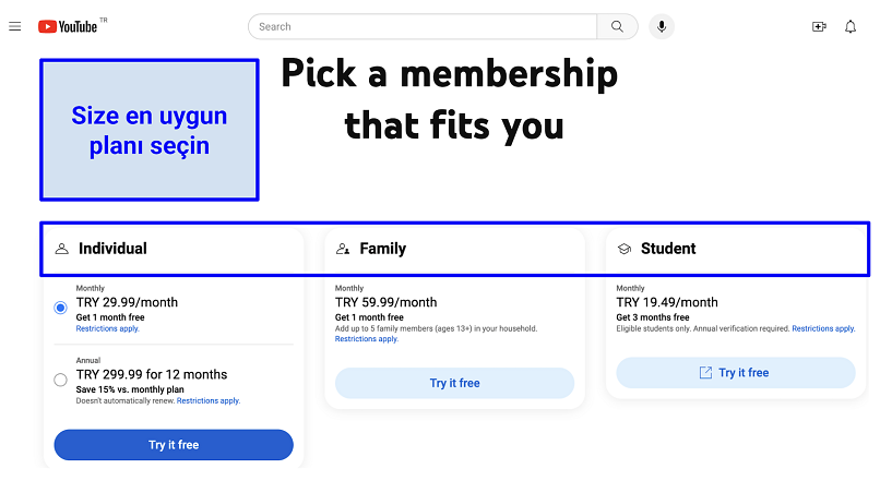 A screenshot of the YouTube Premium available plans