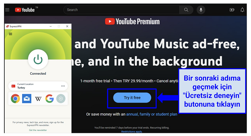 A screenshot of the YouTube Premium Turkey homepage