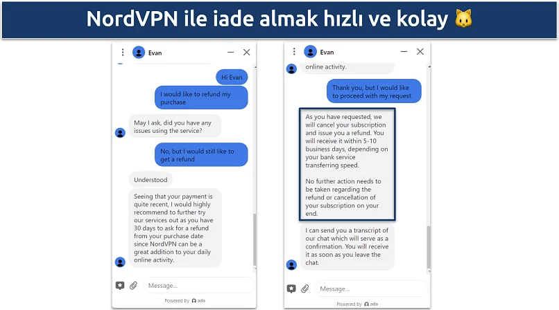 Screenshot of conversation with NordVPN live chat support agent requesting a refund during the 30-day guarantee period