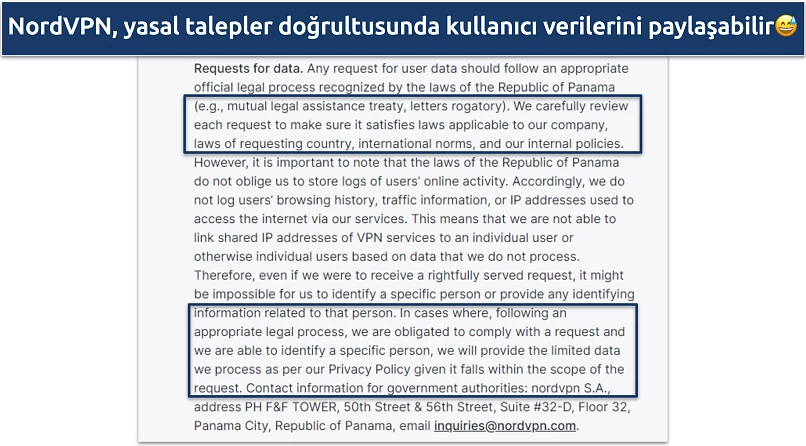 Screenshot of NordVPN's privacy policy showing it may share user data is requested