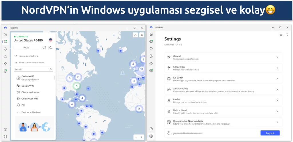 Screenshot of NordVPN's Windows app showing the app server page and the settings page