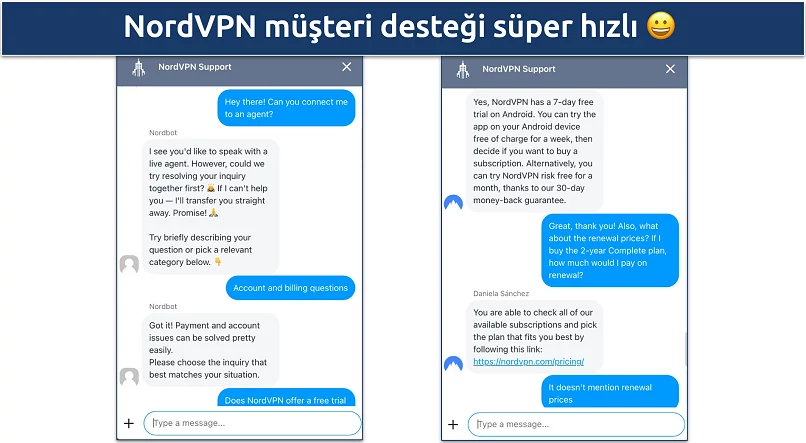 Screenshot of a chat with NordVPN's customer support