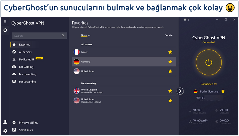 Screenshot of CyberGhost's Windows app showing a