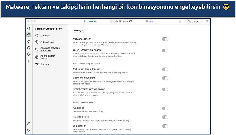 Screenshot of the Settings tab on NordVPN's Threat Protection Pro