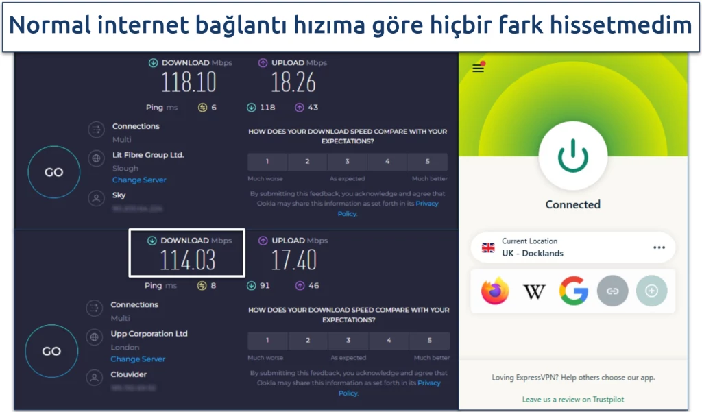 Screenshot of a speed test of ExpressVPN's UK servers