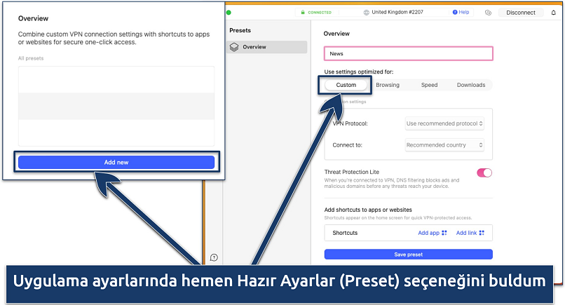 Screenshot of the Presets option in the NordVPN app