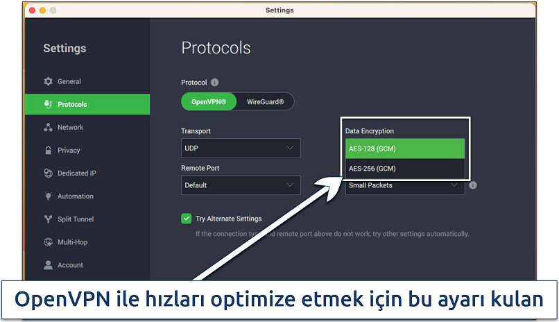 Screenshot of PIA's settings to customize encryption and protocols