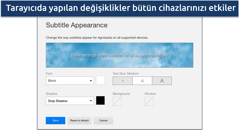 Screenshot of the Netflix Subtitle Appearance settings in a web browser.