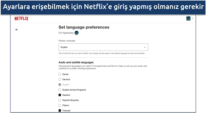 Screenshot of language preferences settings on the Netflix website.