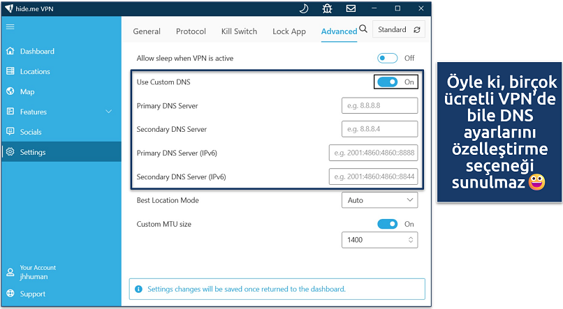 Screenshot of the advanced VPN settings in the hide.me Windows app