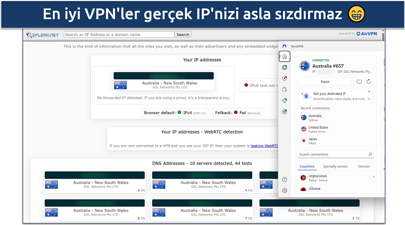 Screenshot of NordVPN's Windows app connected to the Australia Sydney server while leak tests are performed on ipleak.net