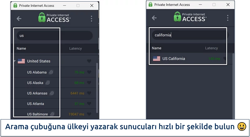 Screenshot of Private Internet Access' Windows app highlighting how to use the server search bar