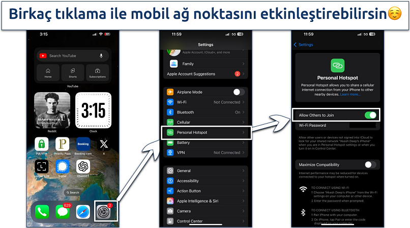 Screenshots showing how to activate a mobile hotspot on an iPhone
