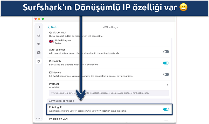 Screenshot of Surfshark's Settings menus with the Rotating IP feature highlighted