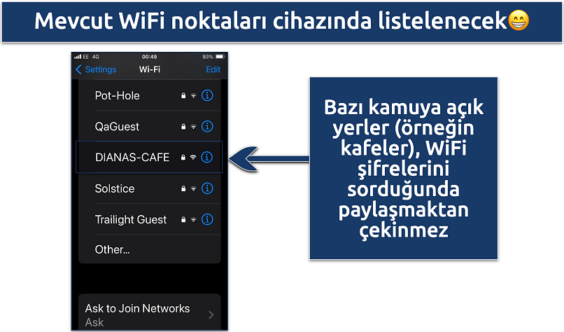 Screenshot showing the available WiFi hotspots on an iPhone